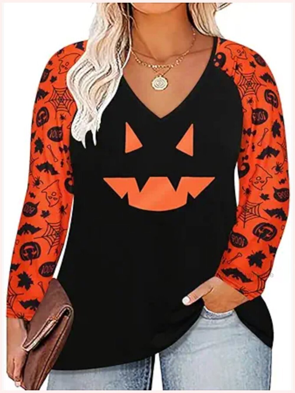 Plus Size Long Sleeve V Neck Tunic Tops Casual Color Block Tees